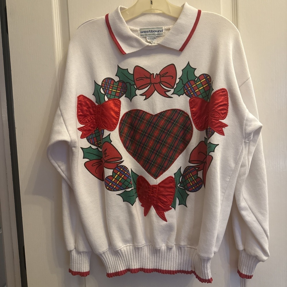 Vintage 80s 90s Westbound Sport Christmas Sweatshirt Womens M Bow Tartan Heart